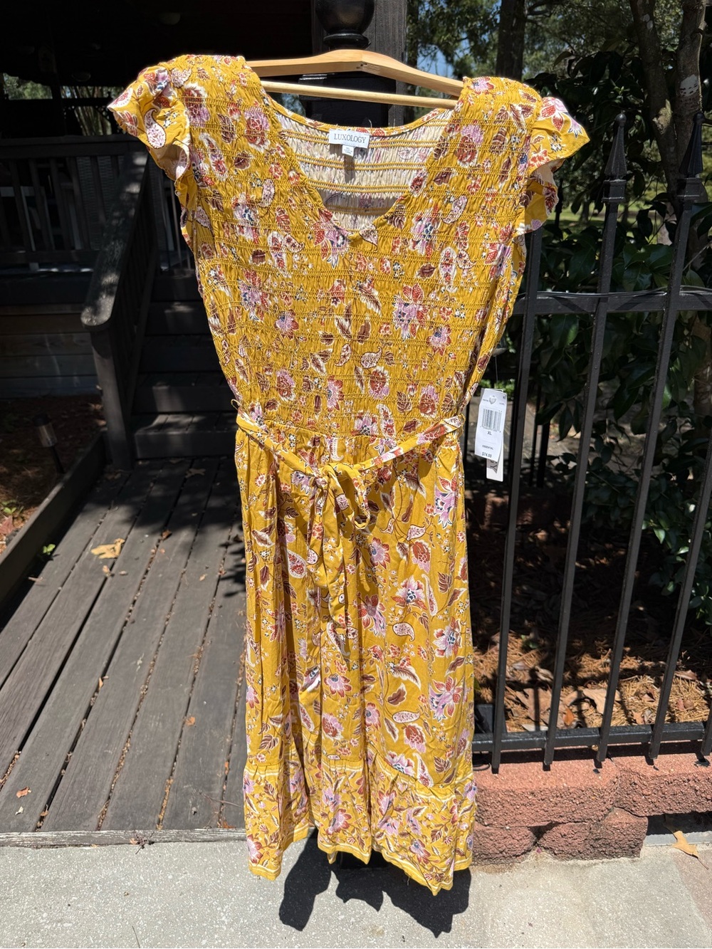 Luxology Mustard Floral Maxi Dress with Pink Accents Size XL